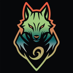 Modern colorful geometric wolf logo with symmetrical gradient lines and fierce expression