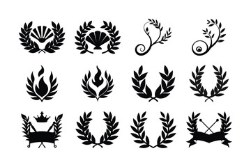 Laurel wreath set with floral decoration, tribal elements, and bird wing silhouettes perfect for vector art, tattoo designs, and ornamental patterns