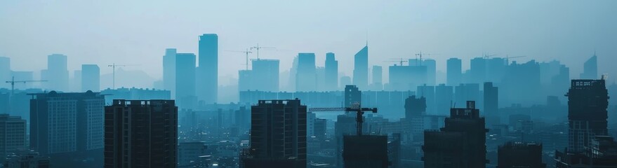 A view of towering skyscrapers and cranes rising against a foggy skyline, showcasing urban development during twilight in a bustling city