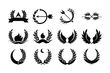 Black laurel wreath vector tattoo illustration set with floral and wing design elements