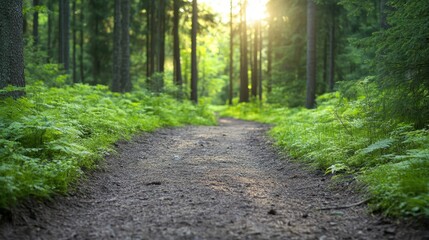 Fototapeta premium A serene forest pathway surrounded by vibrant greenery, with sunlight filtering through the trees, creating a calming atmosphere ideal for nature walks and reflection.