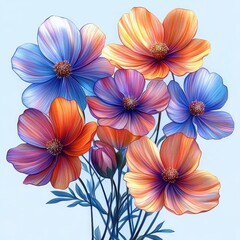 Vibrant bouquet of six large, colorful flowers with delicate petals in shades of orange, purple, and blue, set against a soft, pale background