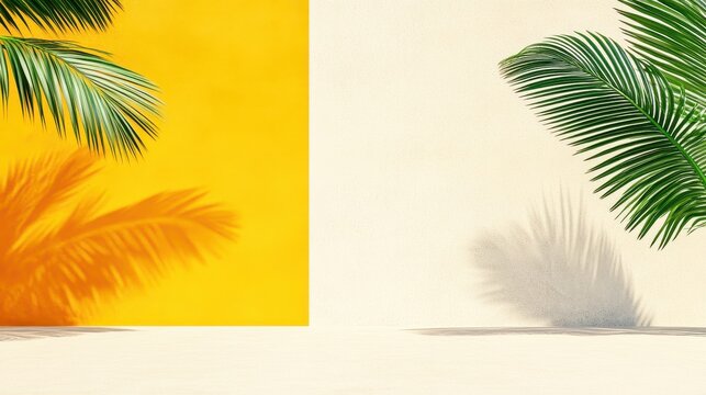 Minimalist tropical palm shadow summer design background. Abstract tropical leaf, sunlight and shadow, summer vacation, elegant background. Modern design, creative concept, nature template, bright