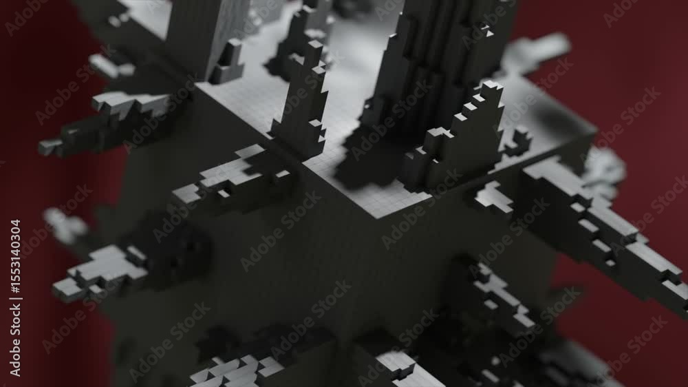 Poster geometric cube structure with intricate pixelated protrusions rotating slowly against vibrant red ba