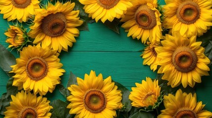 Obraz premium A vibrant display of sunflowers arranged beautifully on a rustic green wooden surface, capturing the essence of summer and nature's brilliance.