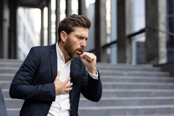 A man in a suit coughs and clutches his chest, appearing ill on outdoor steps.
