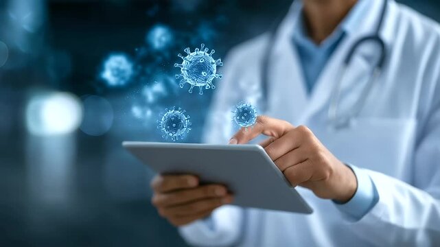 A doctor reviews patient information on a tablet in a dynamic medical environment.