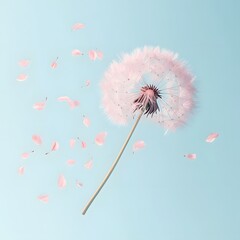 Delicate dandelion in bloom with floating petals on pastel blue background. Dreamy and artistic composition featuring a soft pink dandelion with petals gently floating in the air.