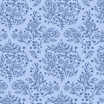 Damask floral hand drawn seamless pattern. simple meadow flower botanical texture for rustic textile