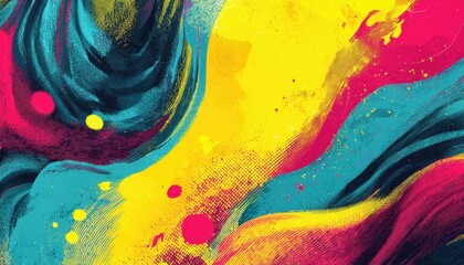 Vibrant abstract painting with swirling colors of blue, yellow, and pink, creating dynamic visual energy
