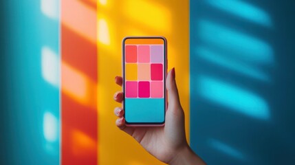 Hand holding a smartphone displaying colorful blocks against a vibrant orange, yellow, and blue background with patterned light shadows