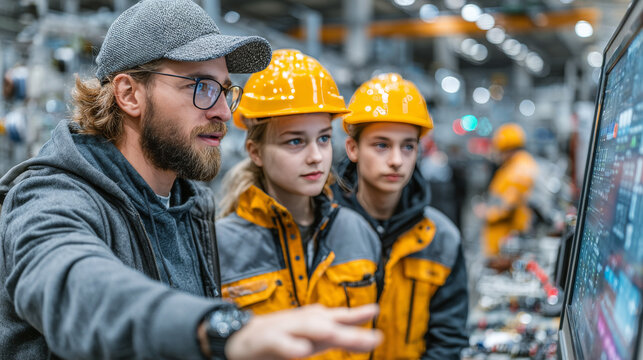 A supervisor instructs female apprentices in machine operation, monitoring screens and discussing production procedures