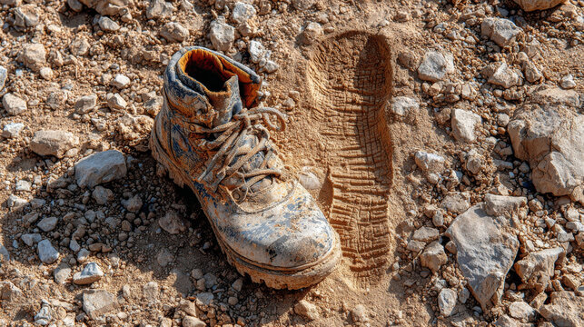 A solitary shoeprint on dry ground, evoking travel and exploration themes