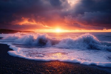 Fototapeta premium Powerful ocean waves crashing onto a rocky shore during a vibrant sunset under dramatic cloudy sky