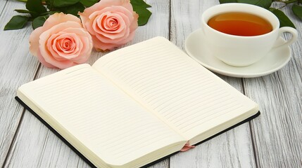 Blank Notebook Tea Roses Wooden Table