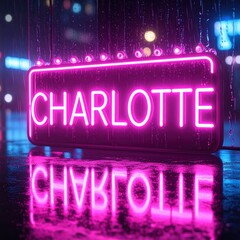 Neon sign with name reflecting in rainy night city lights