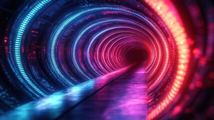 Futuristic glowing tunnel with concentric circular lights in blue and pink hues creating a sense of depth and motion