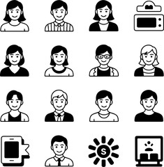 Black and white vector icons of people with various hairstyles and objects including a microwave and a smartphone