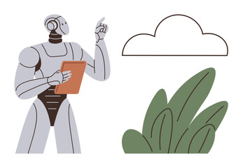 Humanoid robot with tablet gestures at abstract cloud symbol alongside leafy plant. Ideal for artificial intelligence, innovation, technology, robotics, data storage, environment, futuristic
