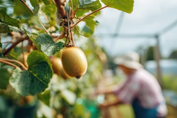 Obraz premium close-up of a ripe kiwi hanging from the vine