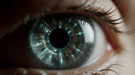 Naklejka premium Close-up of a humanoid robot eye with glowing circuits, neural patterns, cinematic 