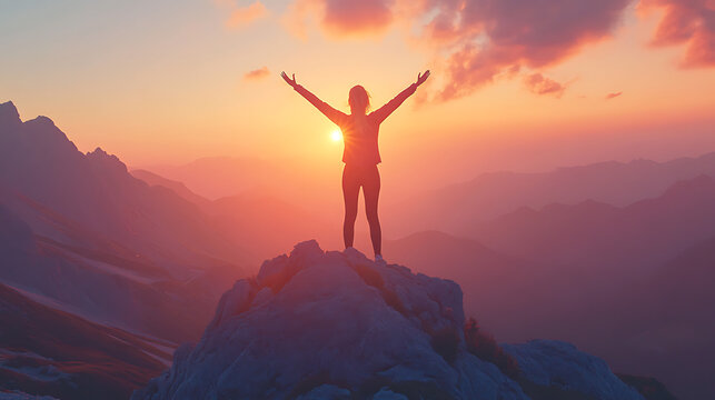 A woman standing on a mountain peak at sunrise, arms raised in triumph, radiant light surrounding her, cinematic realism. (1)