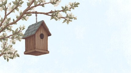 Delightful Birdhouse Nestled Among Blossoming Branches Capturing the Essence of Springtime Serenity and Nature's Bounty
