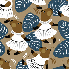 Cute capybara dancing on a plant background. Seamless vector pattern