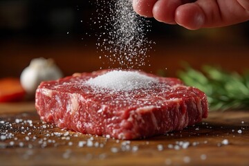 Chef is seasoning a fresh cut of raw red meat with salt crystals on a wooden cutting board in a restaurant kitchen
