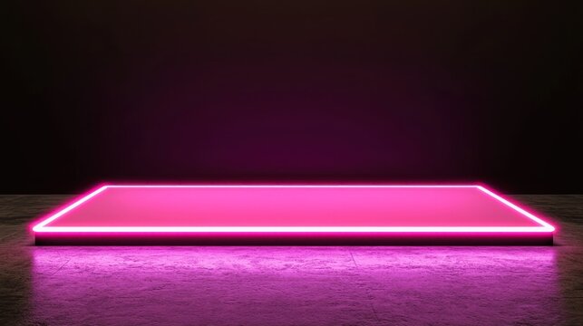 Pink neon light rectangle platform on a dark surface.
