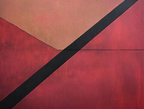 Abstract geometric composition featuring intersecting black diagonal line dividing textured red and muted pink tonal planes conveying balance and contrast