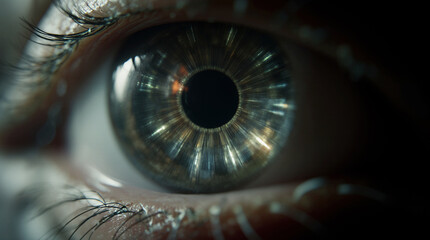 Close-up of a humanoid robot eye with glowing circuits, neural patterns, cinematic 