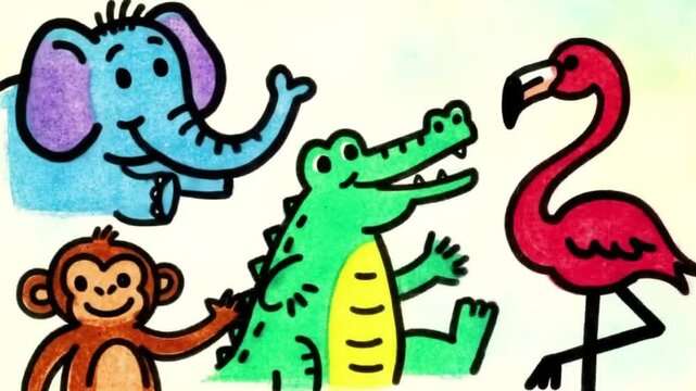 Cartoon Animals Gather Together in a Colorful Illustration for Children, with a playful mood and hand-drawn feel.