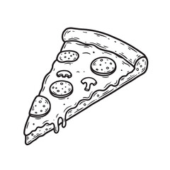Delicious pizza slice with pepperoni and mushroom toppings illustrated in a classic vintage art silhouette style