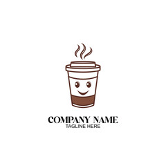 Happy Coffee Cup Logo: A cheerful cartoon coffee cup logo design, steaming hot coffee, smiling face, simple lines, brown and white color palette.