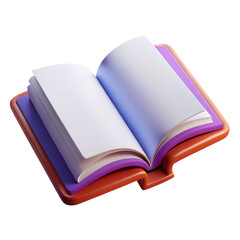 opened book 3d rendering isolated on transparent background. Cartoon plastic style	
