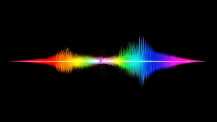A vibrant, horizontal streak of rainbow light against a stark black background, featuring a central, pulsating wave-like pattern - Powered by Adobe