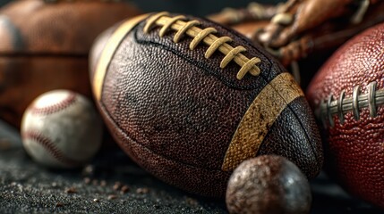 Various sports balls resting on a dark surface with focus on a worn football and a leather glove