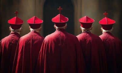 Five clergy members dressed in red robes and matching tall hats with crosses viewed from behind against a dim background conveying solemnity