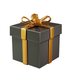 Black gift box with gold wrapping ribbon 3d icon on a transparent background.
