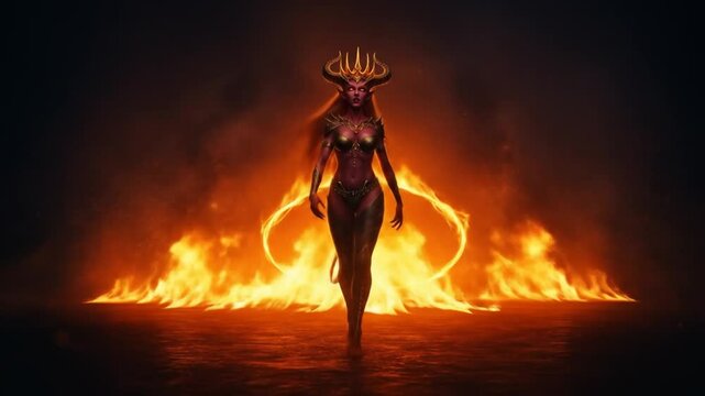 Fiery demoness figure walking through flames illustration