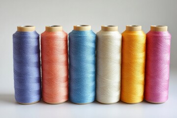 Pastel-colored spools of thread arranged on a white background, ready for sewing, tailoring, or embroidery projects