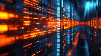 Abstract digital data patterns in glowing orange and blue lights displayed on multiple vertical panels creating a futuristic technological corridor effect