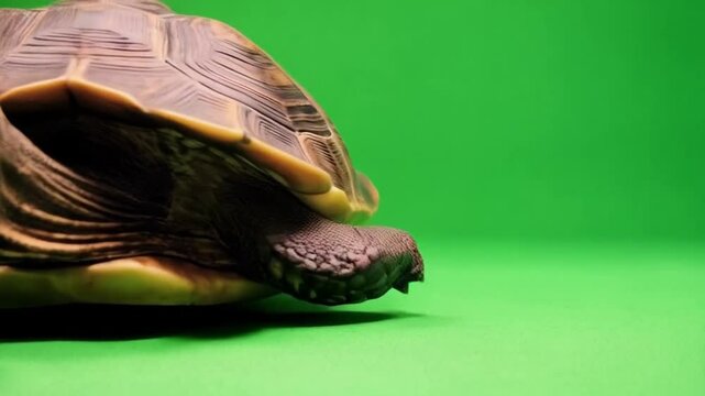 Close up shot of a turtle with a brown shell on a green screen looking at the camera green screen video