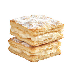 Two Golden Brown Puff Pastry Squares Vanilla Cream Filling Powdered Sugar Topping isolated on a transparent background