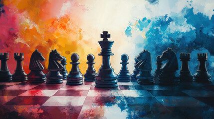 Chess game and stock graph symbolize decision making in business strategy and investment