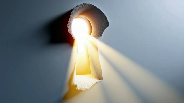 A keyhole is shown with a light shining through it. The light is illuminating the hole, creating a sense of mystery and intrigue