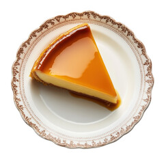 Caramel Glaze Cheesecake Slice on Vintage Plate isolated on a transparent background dessert sweet