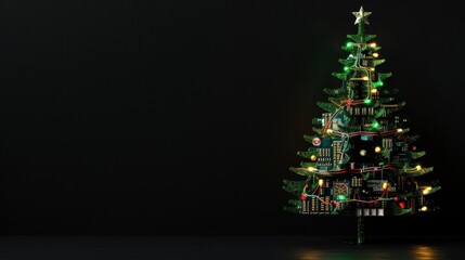 Technology-inspired circuit board christmas tree with led lights on dark background