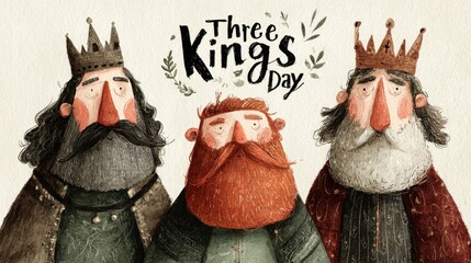 Three kings day celebration art - festive illustration with royal characters. Three Kings Day